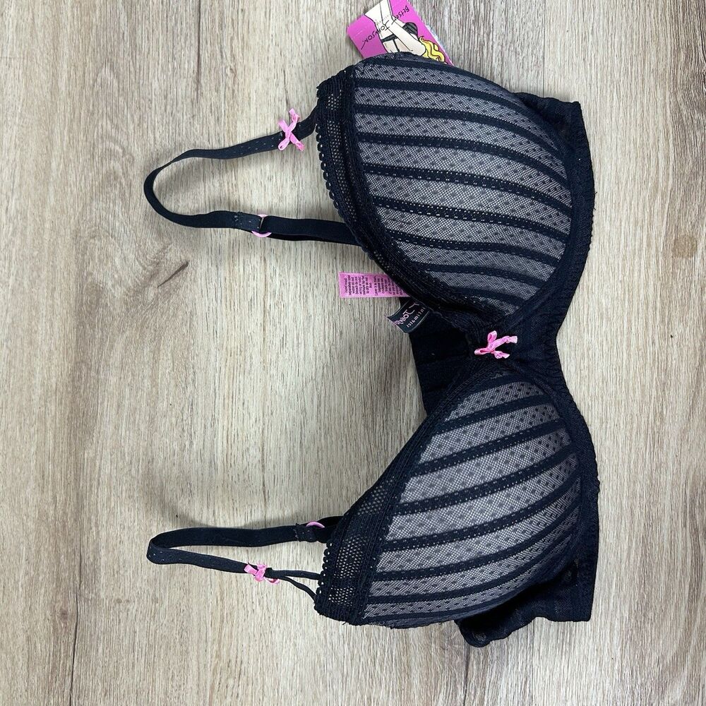 Betsey Johnson Intimates Black Print Bra 32B Underwire Lace Pink Bow